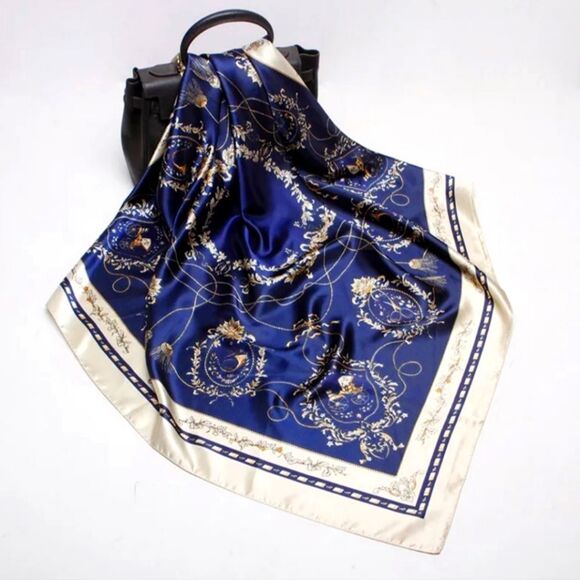 Scarf Headwraps for Women Silk Scarf Navy Satin Print 35 x 35 - Picture 12 of 12